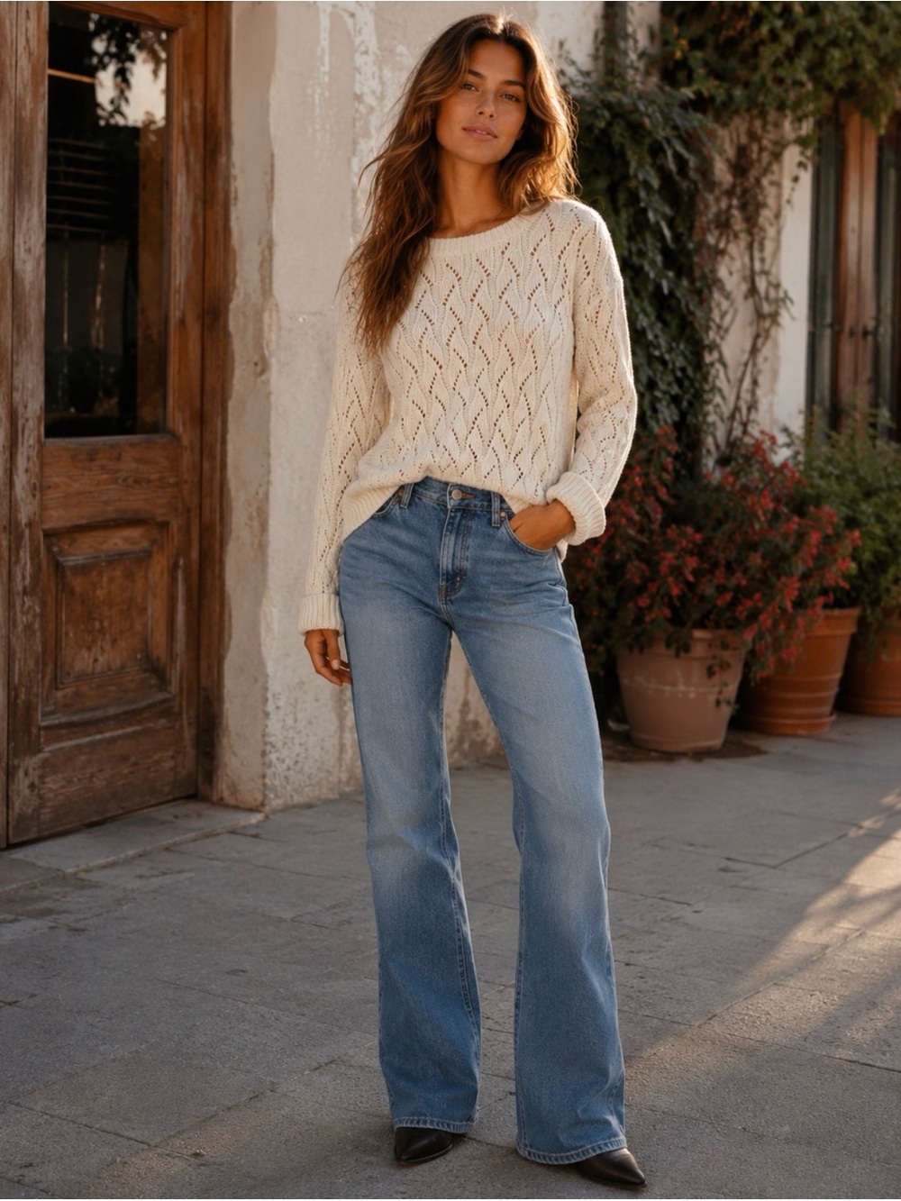 LOFT Cotton Wool Blend Ivory Open-Knit Scoop Neck Sweater